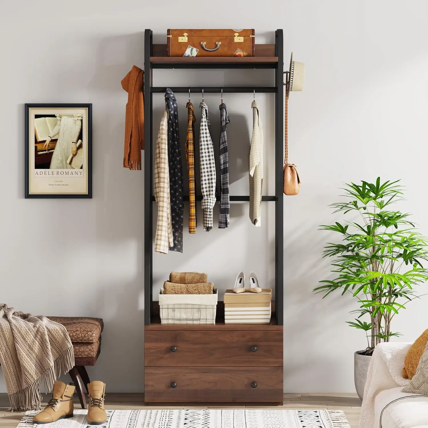 Little Tree 75 Inch Tall Freestanding Closet Organizer Small Clothes Rack Coat Rack With Drawers And Shelves, Heavy Duty Small