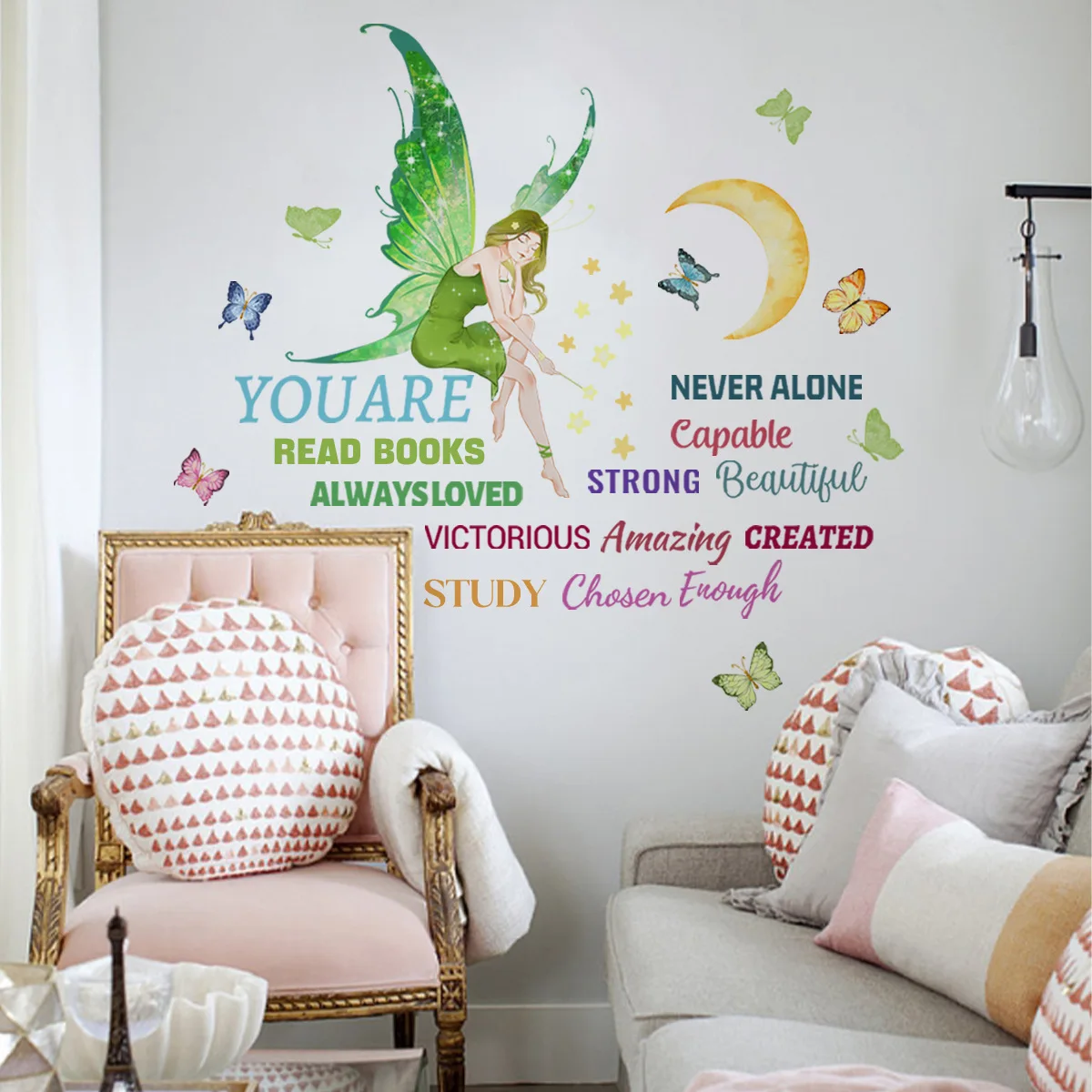 30*90cm English Fairy Moon Butterfly Wall Stickers Background Wall Living Room Bedroom Study Decorative Wall Stickers Ms2263