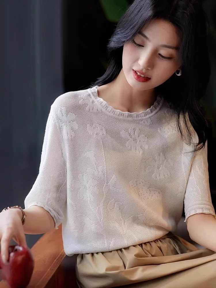 

Шикарный омолаживающий вязаный топ из ледяного шелка с коротким рукавом, дышащий, в корейском стиле, с круглым вырезом, пуловер, летняя мода