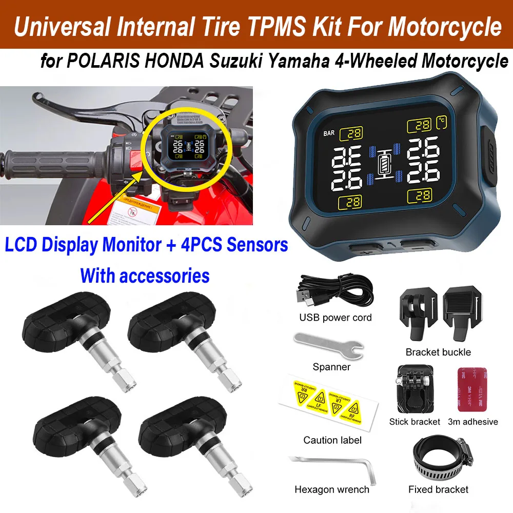 

NEW Universal Internal ATV Tire TPMS Kit LCD Display Monitor + 4PCS Sensor for POLARIS HONDA Suzuki Yamaha All Terrain Vehicles