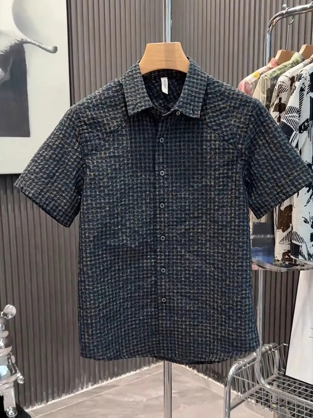 Black Bubble Sun Protection Shirt Men's Lightweight Summer Thin Grid American Retro Five-Sleeve Breathable Casual Style Shirt