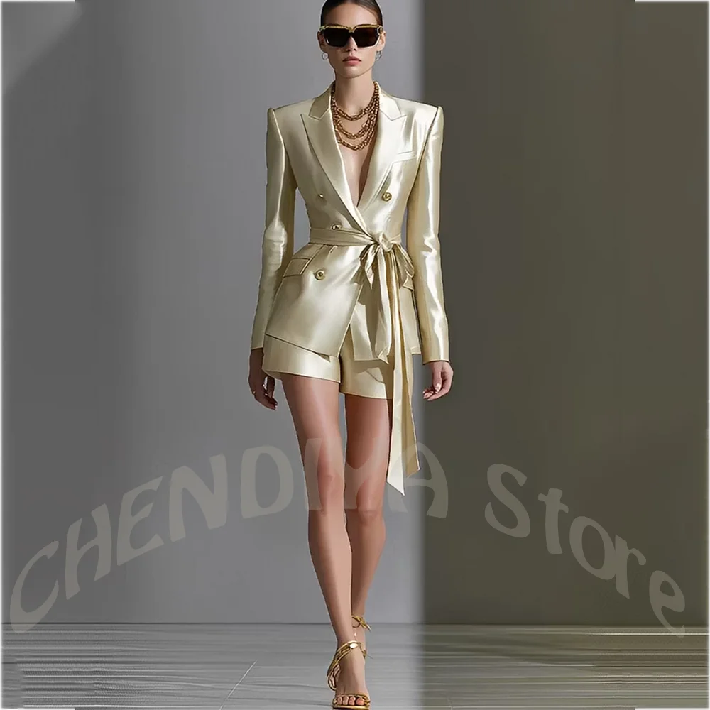 Sophisticated Satin Women's Suit Luxury Double Breasted Blazer with Belted Matching Shorts for Party Club Casual 2 Piece Set