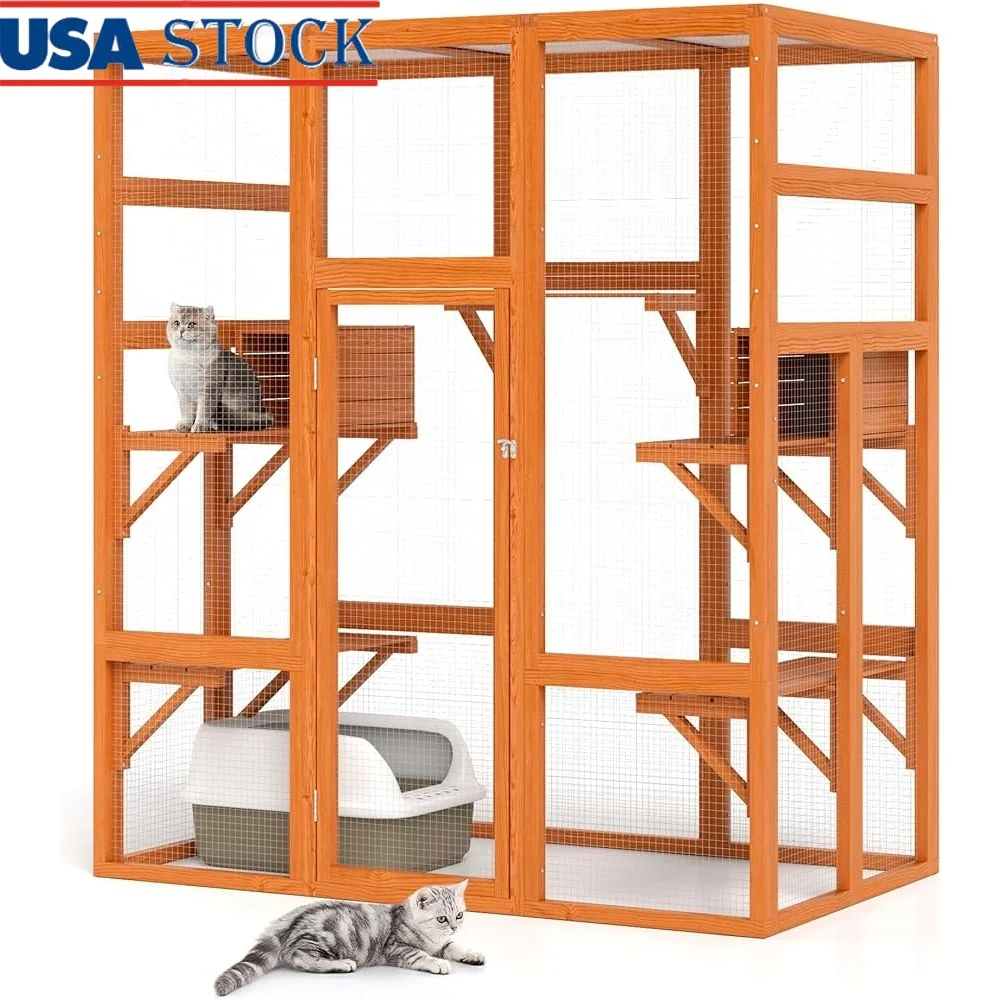 

Large Wooden Outdoor Cat Catio Enclosure with Perches Waterproof Roof Multi-Platform Cat House Safe and Spacious Cats