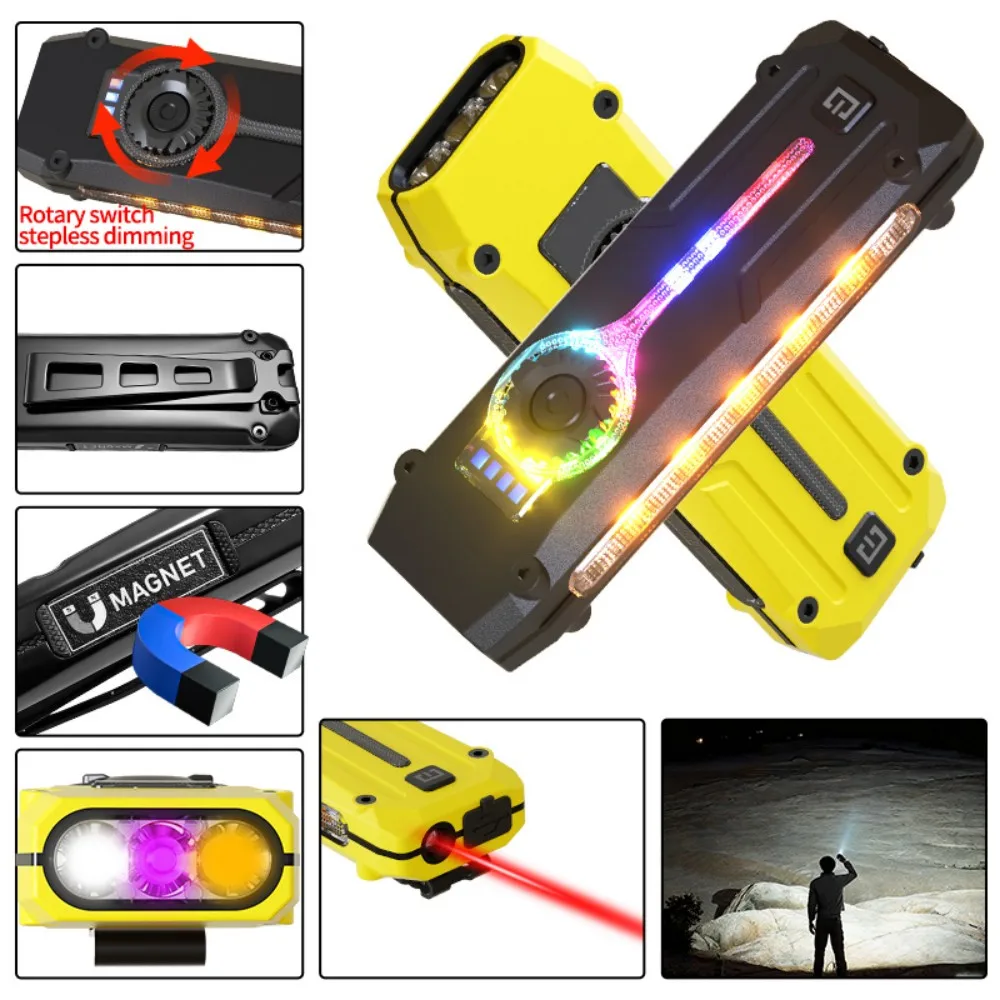 Slim EDC Flashlight Dual Direction Metal Clip Magnetic Body Three Light Modes RGB Laser Pointer 7 Color Changing Function Gift