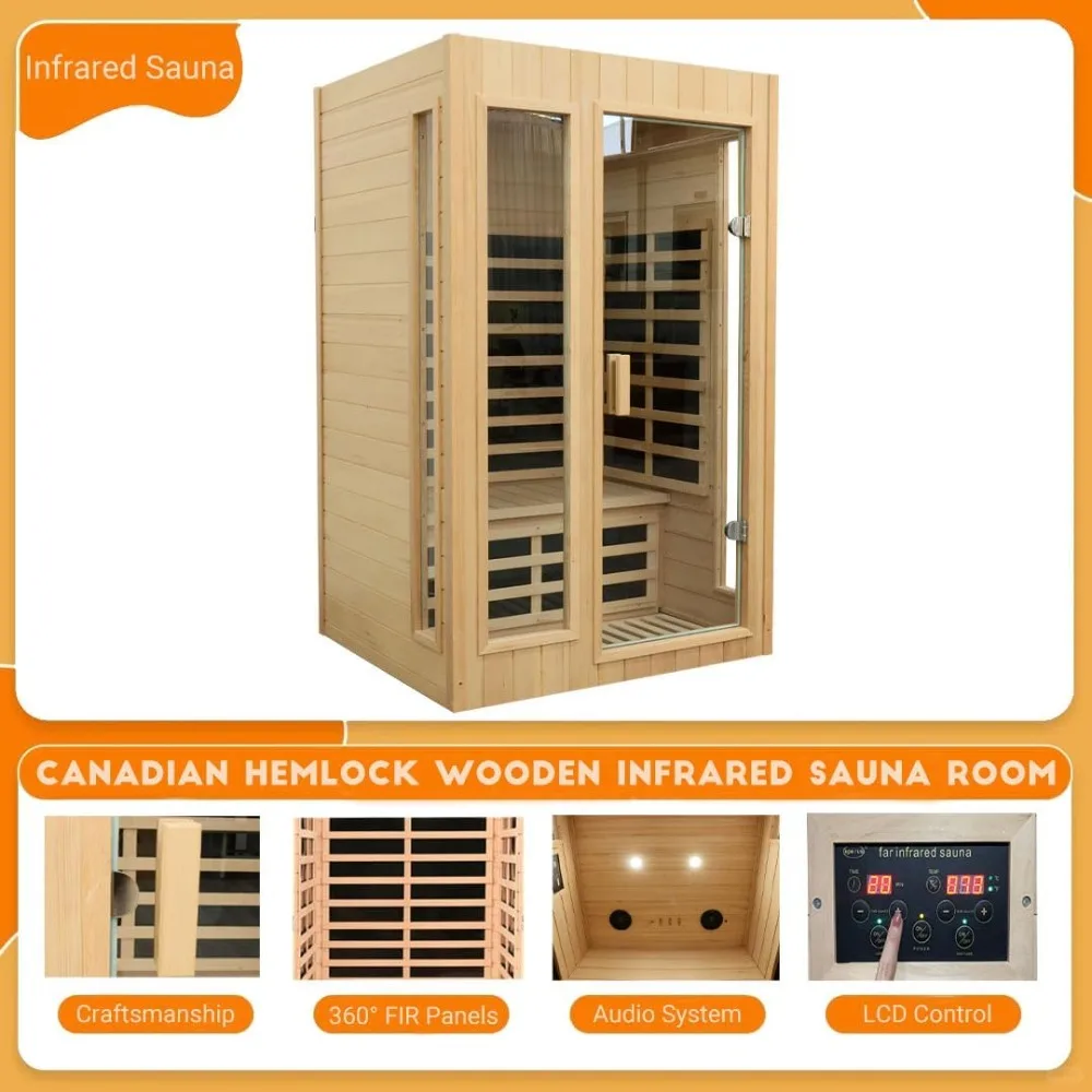 2 Person Infrared Sauna, Far Infrared Saunas for Home, Hemlock Wood Sauna Room, Low EMF Indoor Home Sauna Spa, 1500Watt