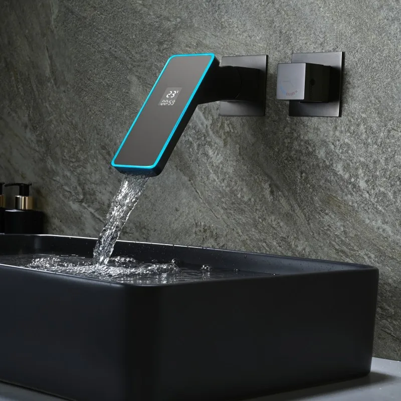 Wall Mounted Waterfall Sink Faucet Single Handle Lavatory Basin Sink Faucet One Hole Bathroom Cold and Hot Mixer Taps Gray