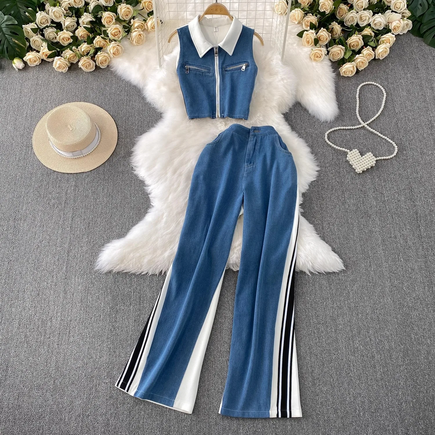 

Women Fashion Jeans Set Korean Denim Two-piece Set Fashion Lapel Sleeveless Patchwork Shirt + High Waist Wide Leg Pants