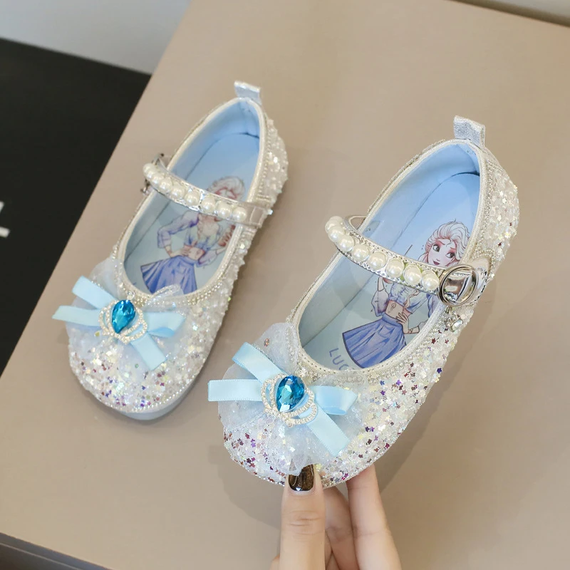 Disney Girl\'s Crystal Shoes Korean Baby Princess Shoes With Sequin Water Diamond Bow Children\'s Soft Sole Square Mouth Shoes