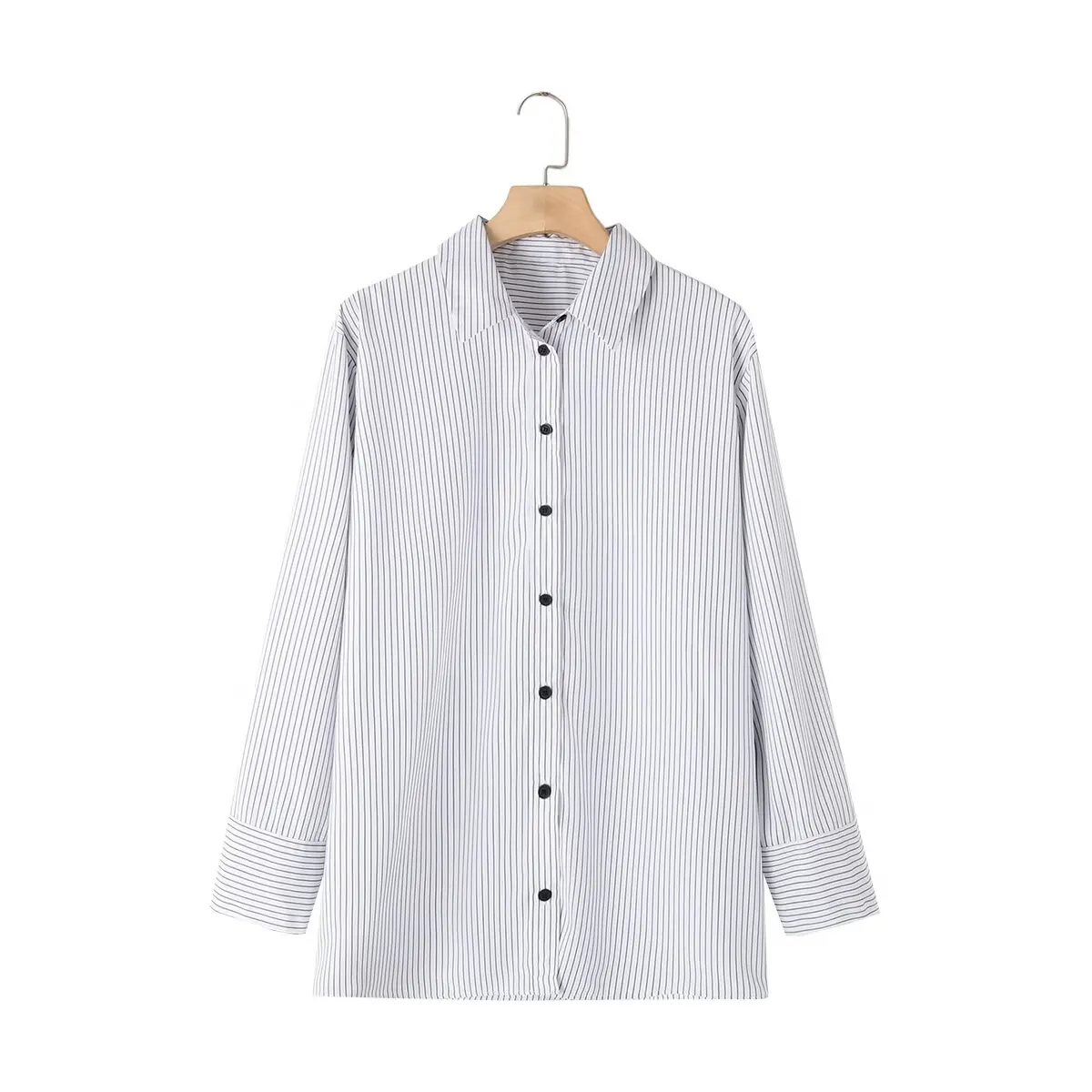 

Women's 2024 New Fashion Loose Basic Style Striped Poplin Women's Shirt Retro Long Sleeve Button up Women's Shirt Unique Top