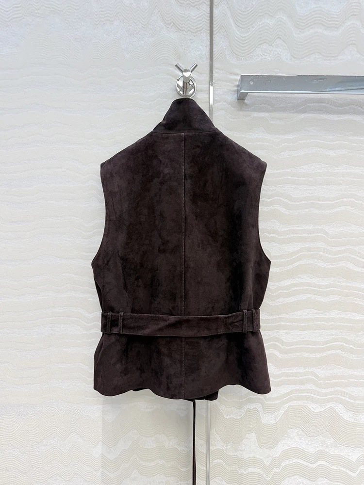 Spring Summer Fashion Russet Brown Vintage Leather Jackets Women's Stand Collar Pocket Sleeveless Belt Single Breasted Jackets