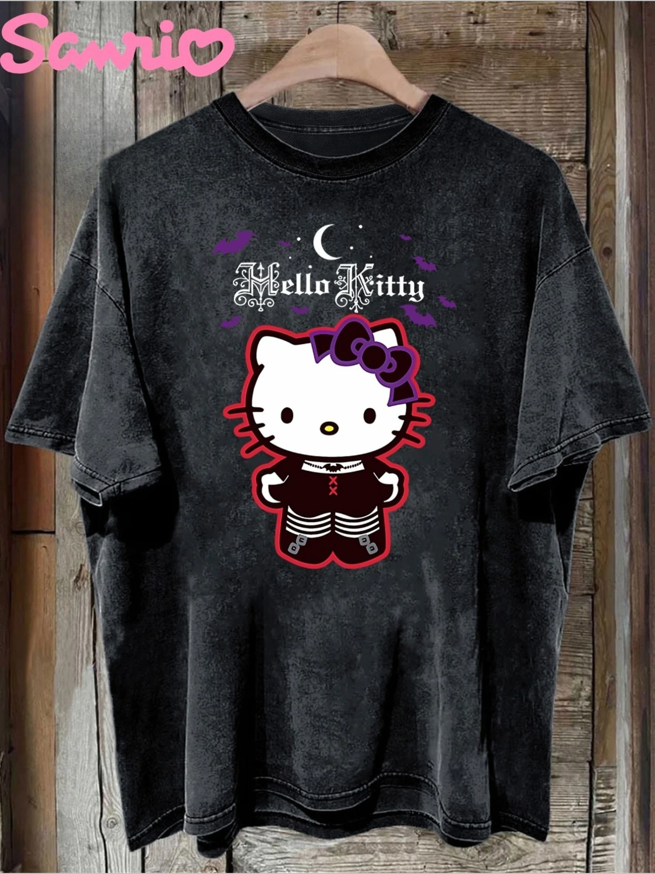

Hello Kitty Ladies Vintage Washed T-Shirt - Casual Crew Neck Short Sleeve Top Black Cute Cartoon Design Vintage Style