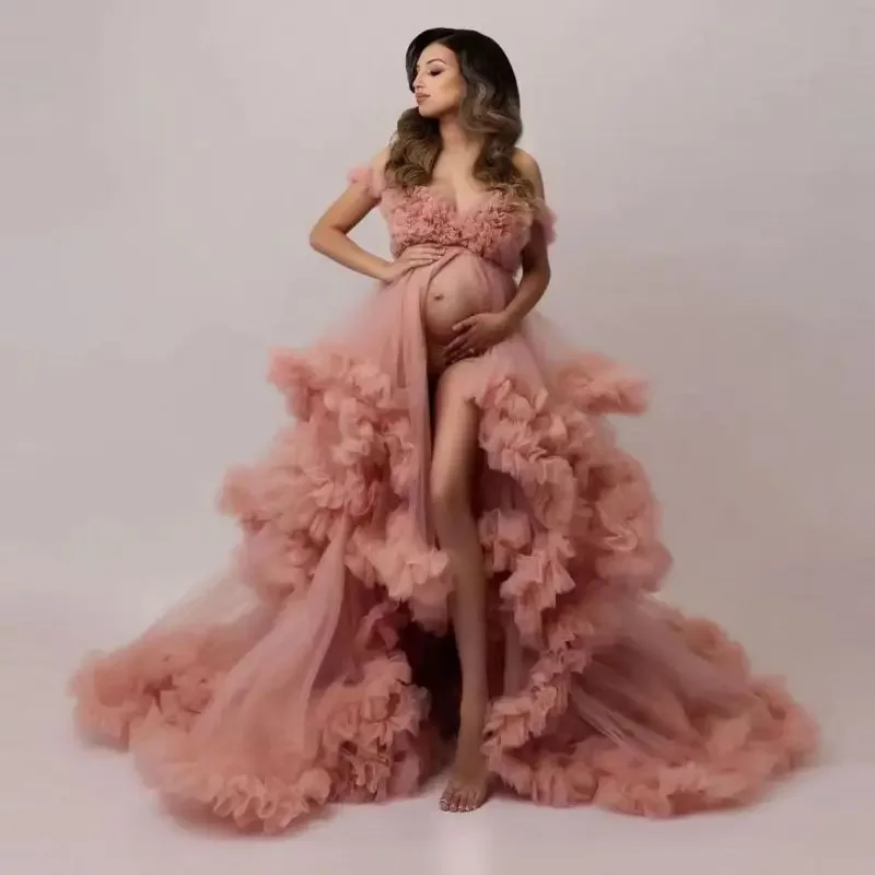 Pink Tulle Maternity Ball Gown For Photo Shoot Sexy Baby Shower Pregnant Woman Dresses Long Female Pregnancy Photography Clothes