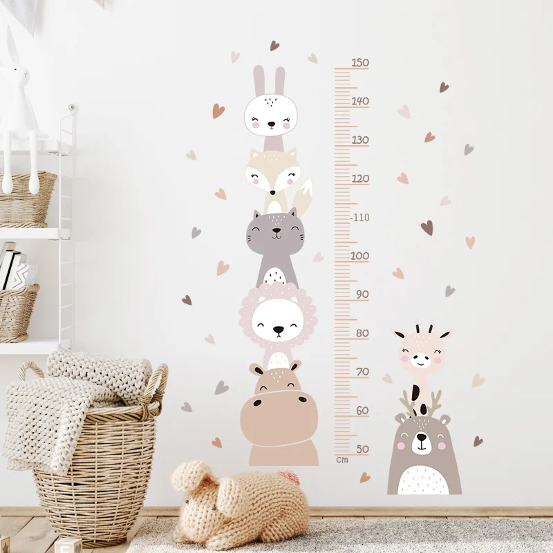 보헤미안 컬러 스타일 미소 동물 곰 사자 하트 높이 측정 눈금자 벽 스티커, 아이 방 아기 보육 벽 데칼