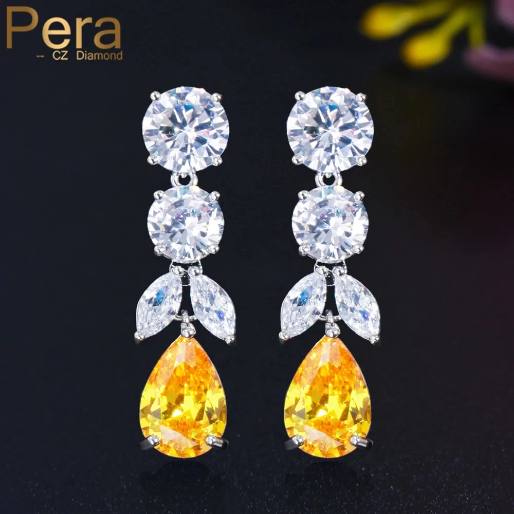 Pera Shiny Yellow Cubic Zirconia Silver Color Long Dangle Water Drop Bridal Wedding Earrings for Women Fashion Jewelry E655