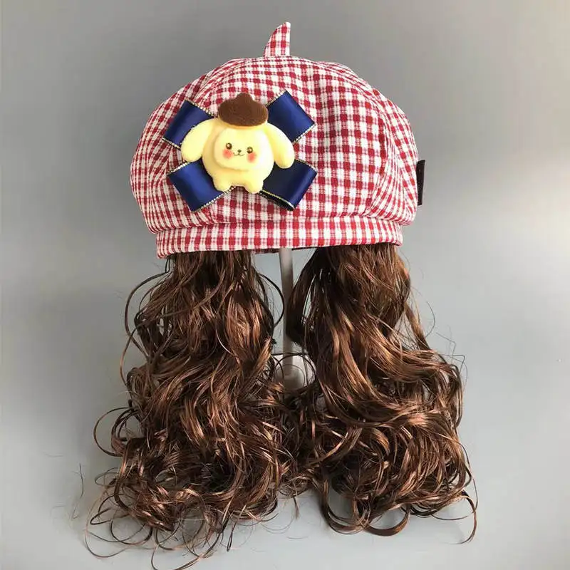 Kids Girls Cute Plaid Berets Cartoon Applique Wig Hats 2024 New Arrvail Children INS Photograph Clothing European American Style