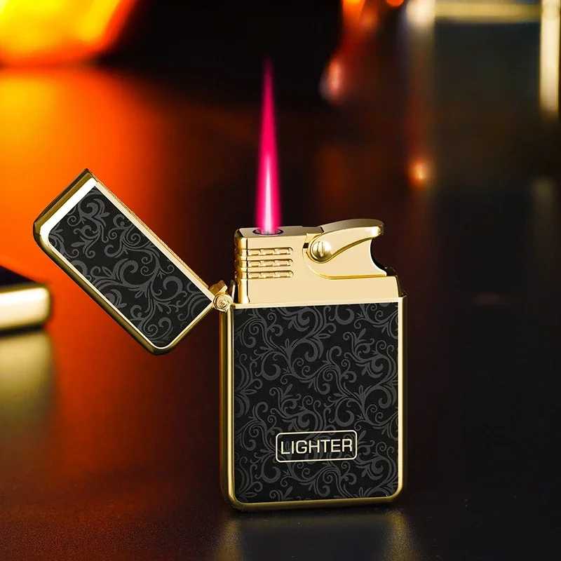 Metal Embossed Red Jet Flame Lighter Inflatable Butane Gas Windproof Powerful Gas Turbine Torch Cigar Unique Gift for Men