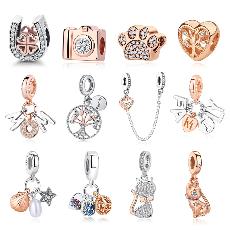 Original 925 Sterling Silver Charm Bead Family Tree Mom Pendant Safety Chain Charms Rose Gold Fit Pandora Bracelets DIY Jewelry