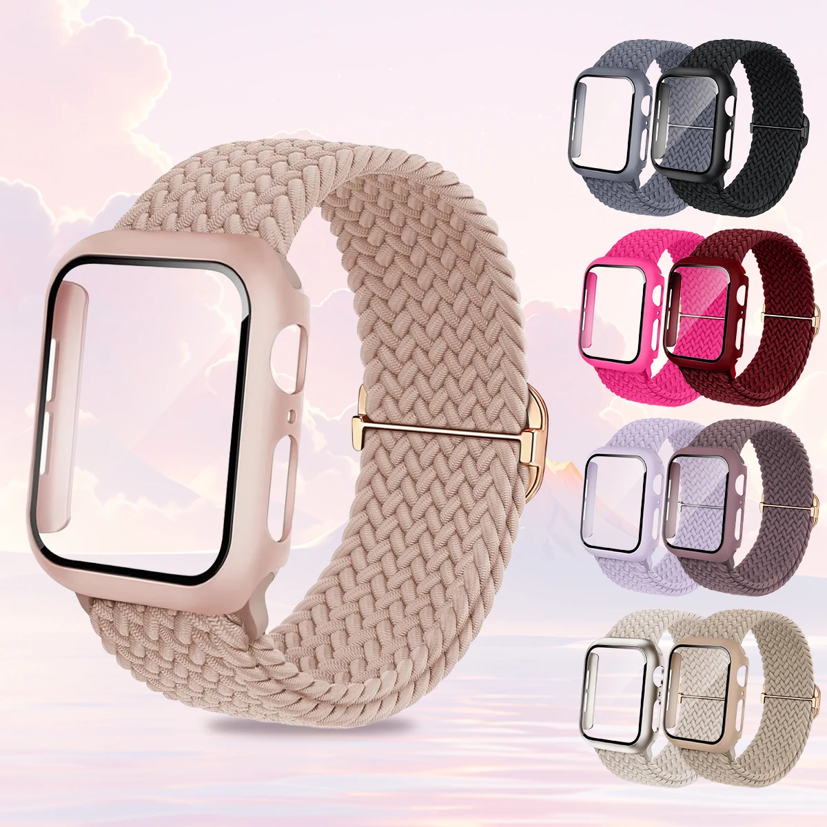 Uhrenarmband+Hülle für Apple Watch 40/41/44/45/42/46mm, atmungsaktives Nylonarmband+matte Schutzhülle für iWatch Serie 11 10 987 65