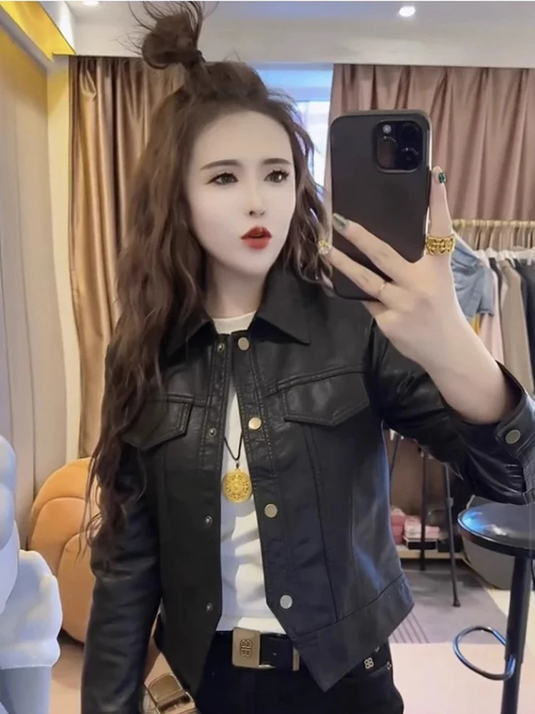 

Корейская модная приталенная повседневная кожаная куртка для женщин, весна 2025, новая, в стиле ретро, универсальная, с воротником, длинный рукав