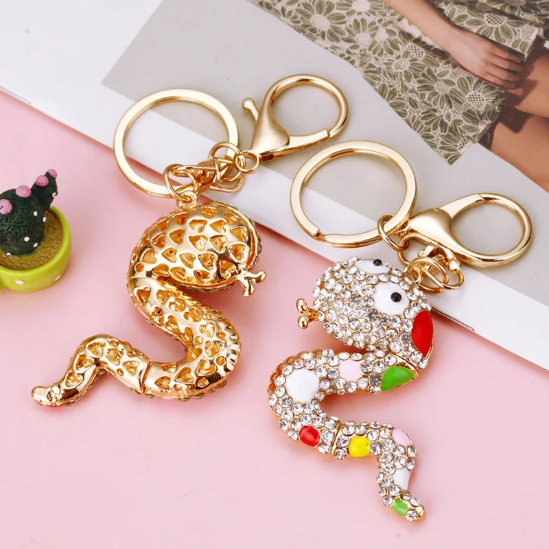 Creative Diamond Chinese Zodiac Little Flower Snake Car Pendant Cartoon Cute Snake Keychain Ring Bag Hanging Decoration Gift