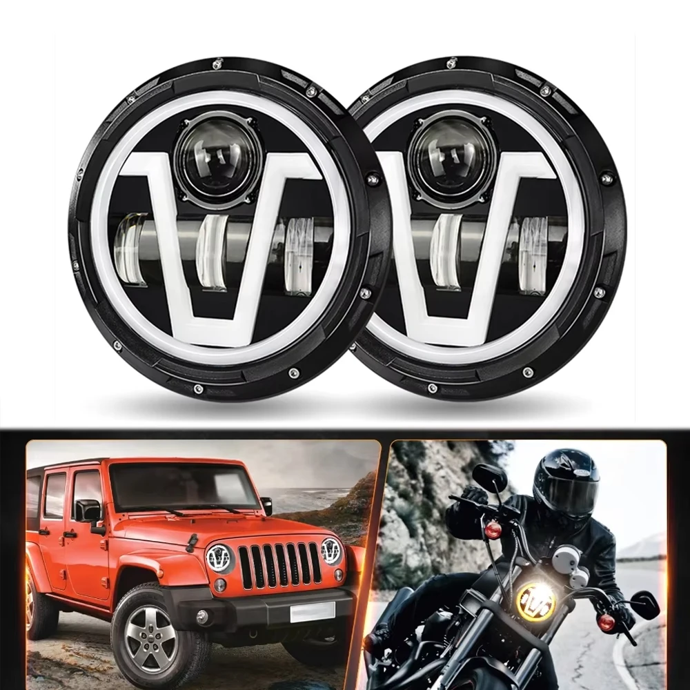 

2x Car 7 Inch Led Headlight Hi/Low H4 Halo Angle Eyes DRL For Jeep JK TJ OffRoad Defender Hummer 4x4 Suzuki Samurai Headlamp
