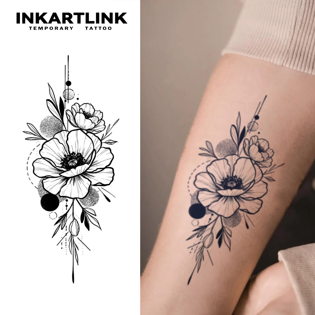 

INKARTLINK Realistic Flower Geometry Totem Tattoo Stickers Waterproof Temporary Tattoo Color Holding for 1-2 Weeks