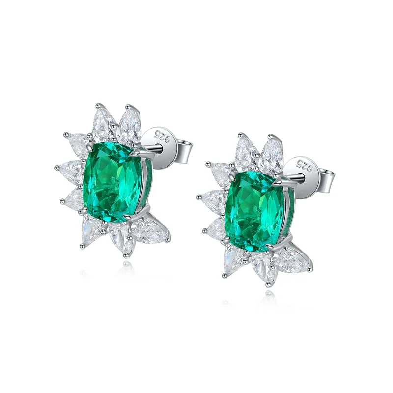 Lab Grown Diamond and Zambian Emerald Drop Earrings in S925 Sterling Silver for Women Wedding Bridal Party Fashion Jewelry