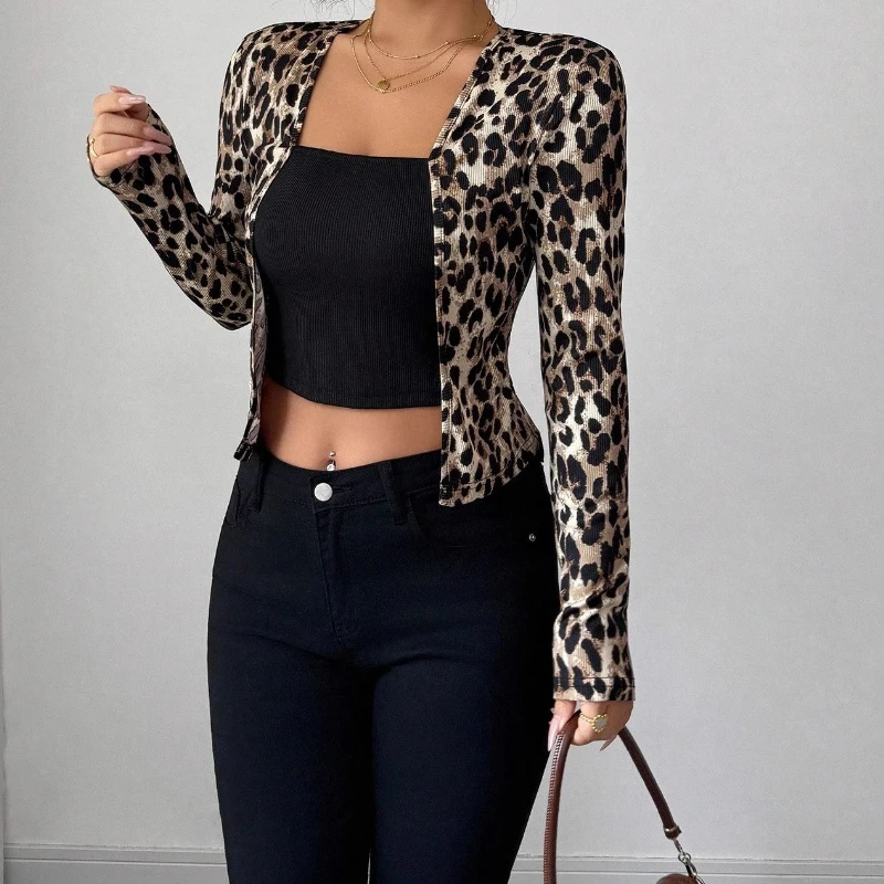 2025 الخريف والشتاء جديد ليوبارد طباعة المتناقضة اللون 2 قطعة سترة تي شيرت بأكمام طويلة المرأة
