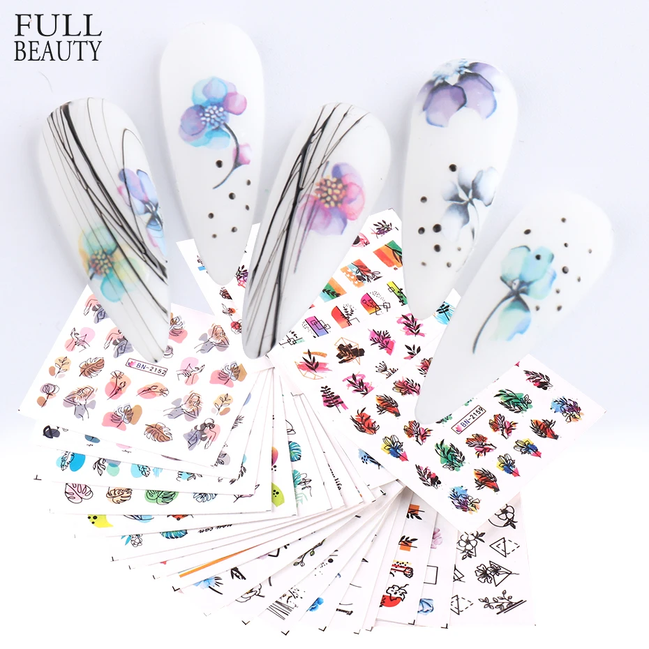 24szt / Zestaw Wiosna Lato Naklejka na paznokcie Naklejka wodna Nail Art Ink Flowers Leaves Graffiti Slider do dekoracji paznokci Folie Tatuaż