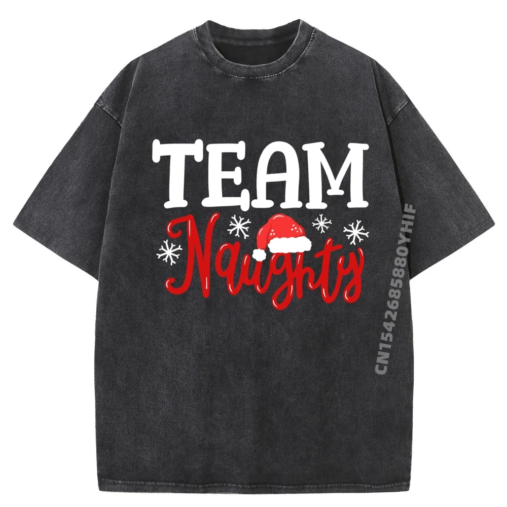 

Team Naughty Couple Matching Outfit Team Nice Family Graphic T Shirt Mens Vintage Washed Clothes Christmas Day