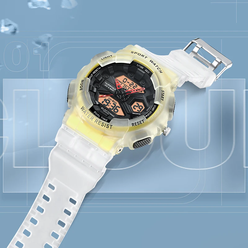 Mark Fairwhale 4370 Men's Electronic Watch Multifunctional Timing Date Time Stopwatch Semi Transparent Strap Watches for Man