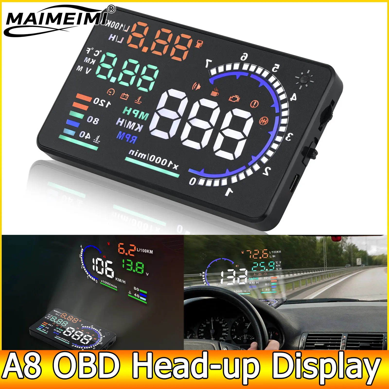 AD A8 OBD HUD LED Windshield Projector Speedometer Car Head Up Display Speeding Warning Water Temp RPM Fault Voltage Alarm