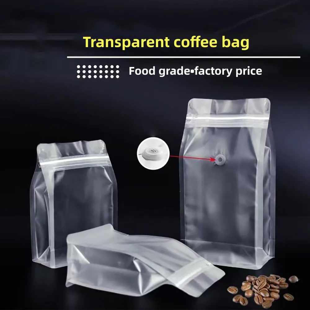 50pcs Food Grade Waterproof Matt Transparent Flat Bottom Plastic Coffee Bean Powder Bag with Valve 250g 500g Food Storage Bag
