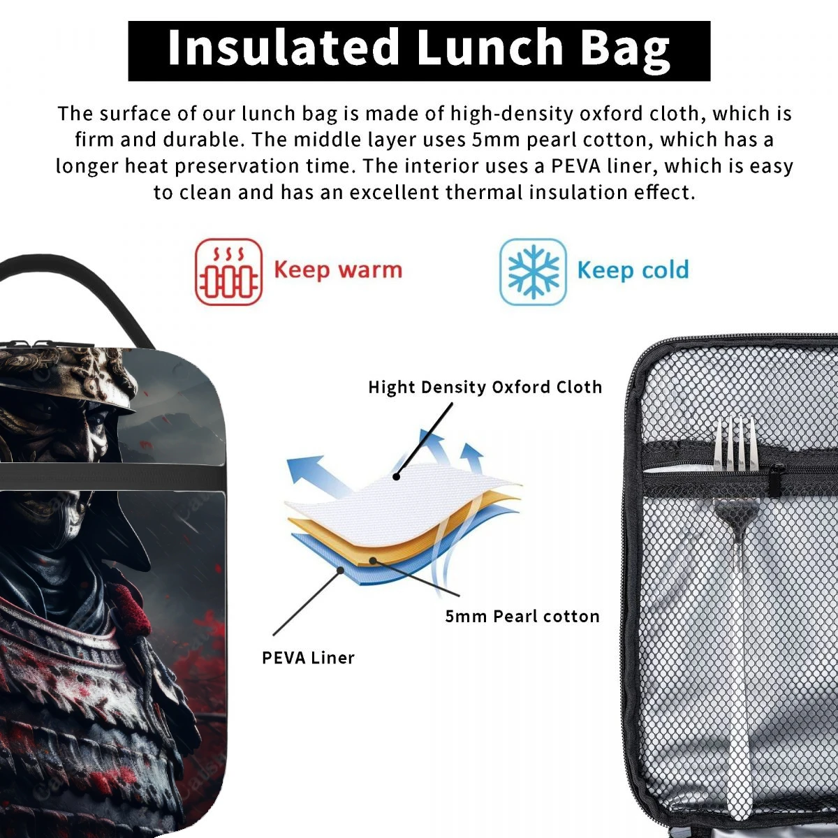 Borsa da pranzo addensata in foglio di alluminio portatile samurai japan borsa da pranzo con motivo stampato con isolamento termico e impermeabile