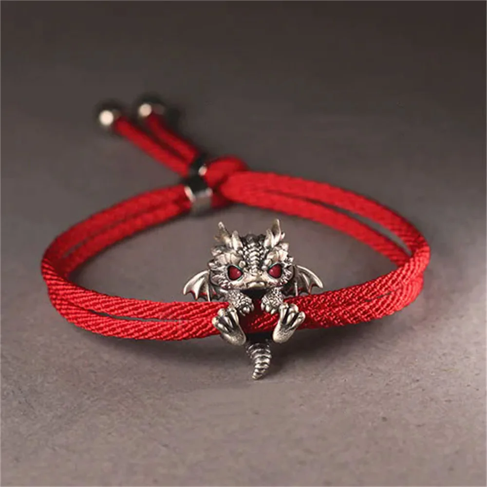 Vintage Red Rope Dragon Bracelet Bangle for Men Women Pullable Adjust Bracelet This Animal Year Good Lucky Jewelry Accessories