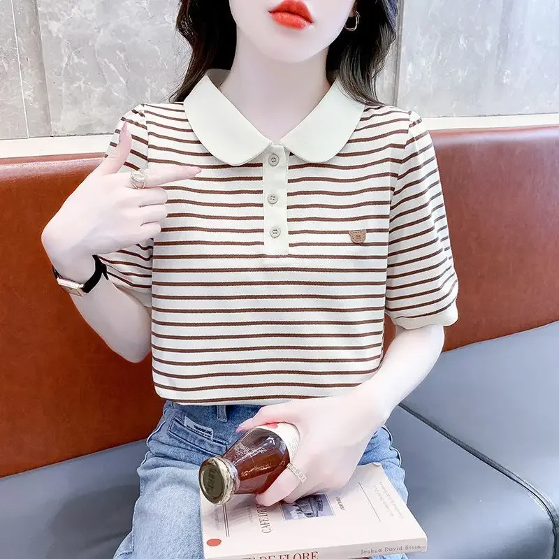 Camiseta con cuello para mujer, traje de verano a rayas, holgada, ropa de moda japonesa Vintage de los años 90, ropa de mujer, camiseta para mujer 2025