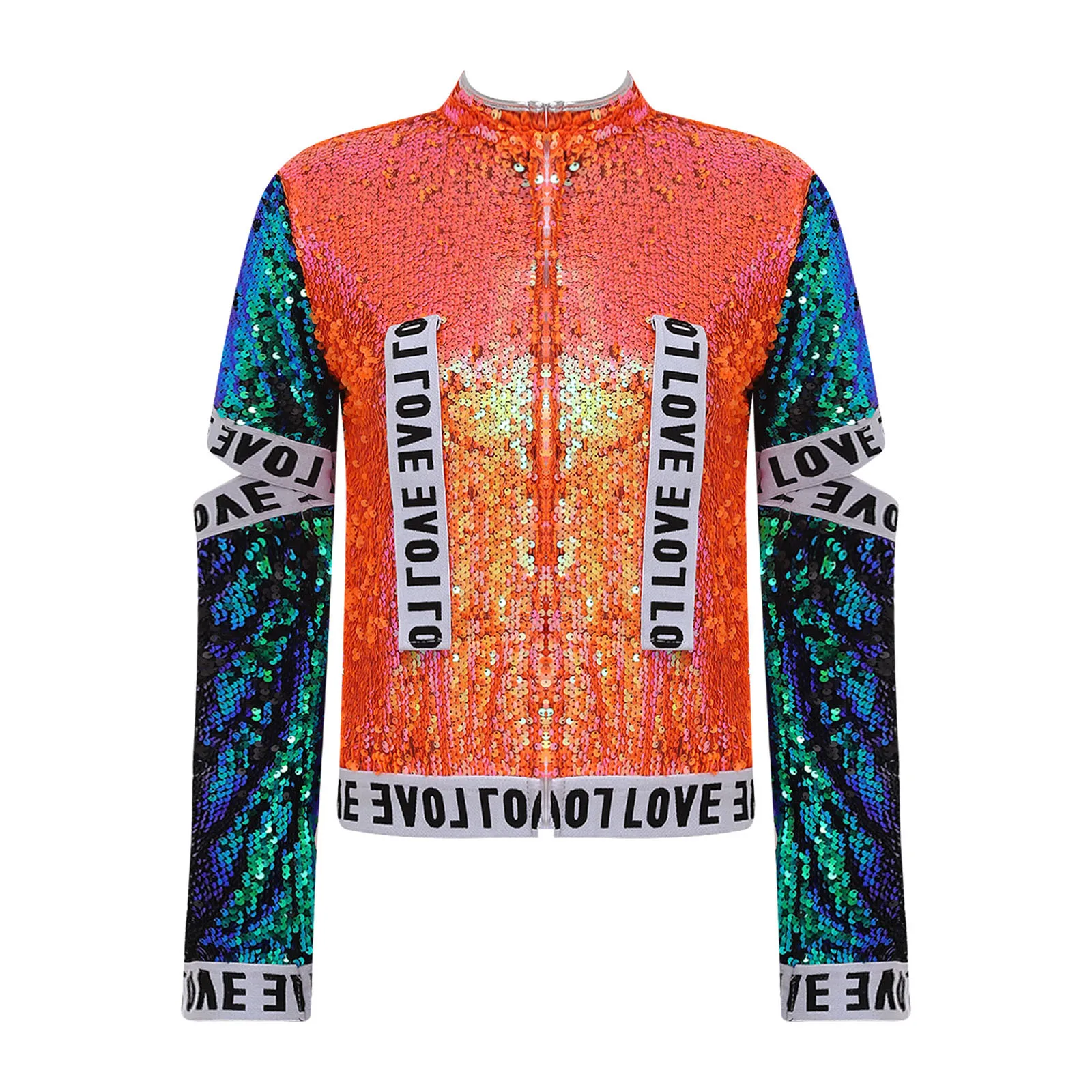 

Women Hip Hop Jazz Street Dance Costume Long Sleeve Sequin Cutout Zipper Baseball Jacket Outerwear Stage Performance Dancewear