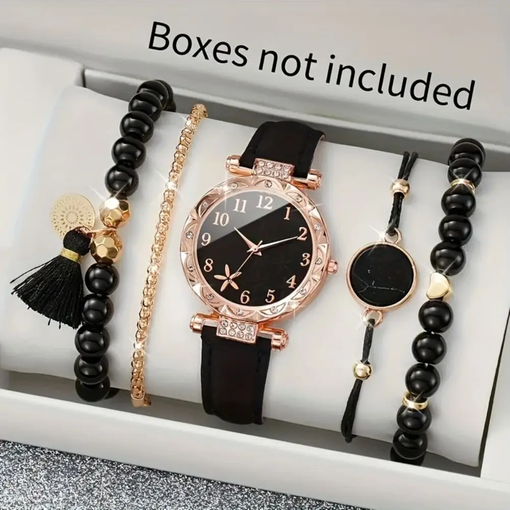 Reloj con diamantes de imitación, conjunto de joyería en forma de corazón con correa de cuero, conjunto de pulsera, esfera de estrella de mar, reloj de pulsera de cuarzo para mujer
