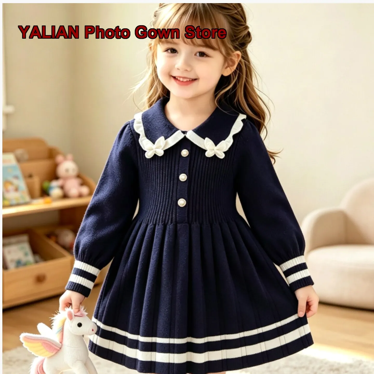 Girls Knit Dress Kids Spring Autumn Navy Blue Fold Collar Long Sleeves Princess Style