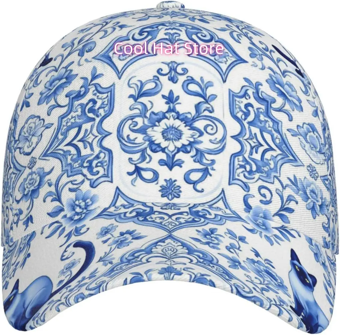 Blue Cat Floral Pattern Pattern Baseball Cap Adjustable Cotton Baseball Hat for Sports, Outdoor, Travel Gifts for Men