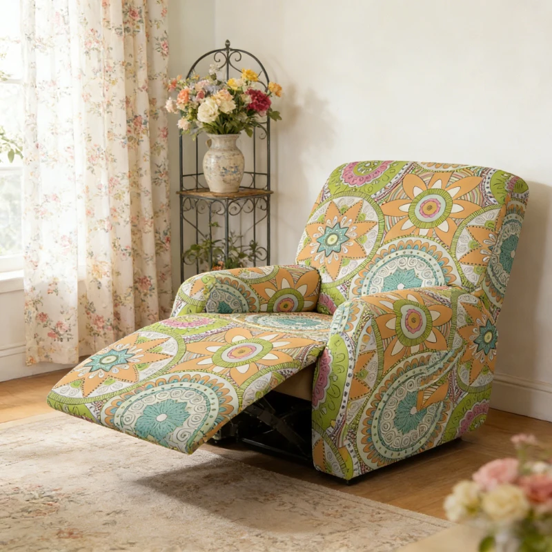Pastoral Stretch Recliner Cover 1 Seat Slipcover with Elastic Bottom Straps Universal Fit for Massage Chair Armchair Living Room