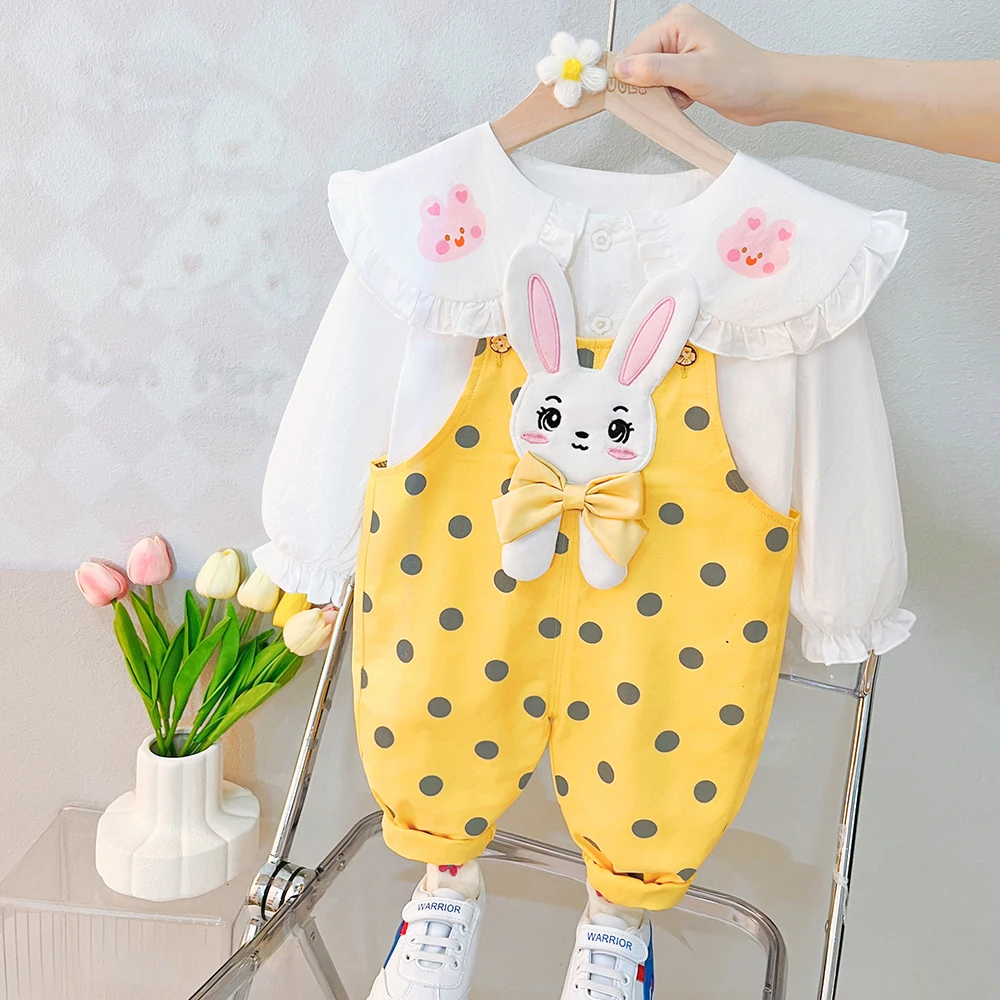 2023 Spring Kids Clothing Sets Baby Girls Lace Shirt Cartoon Rabbit Overalls Children Costume 2 Pcs Suits Infant Clothes Outfits