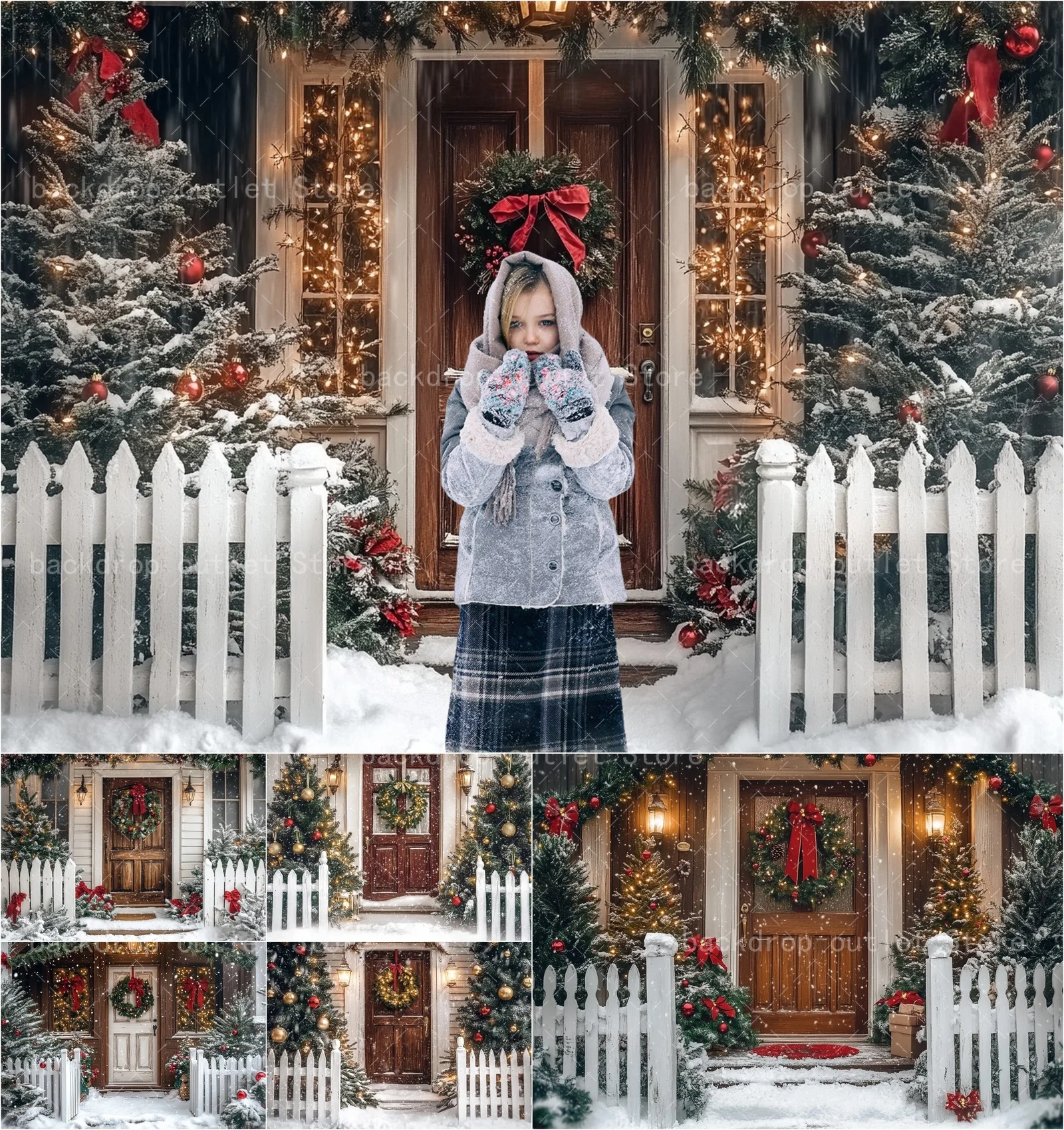 Mehofond Winter Christmas Wooden Front Door Photography Background Xmas Tree Hanging Wreath Kids Family Portrait Decor Backdrop