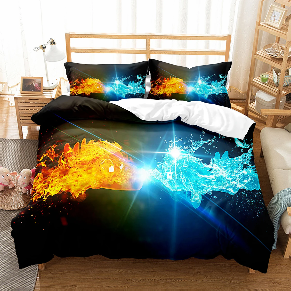 Ice and Fire Pattern Duvet Cover Set Single Double Size Polyester Comforter Cover for Teens Adults Bedding Set with Pillowcase