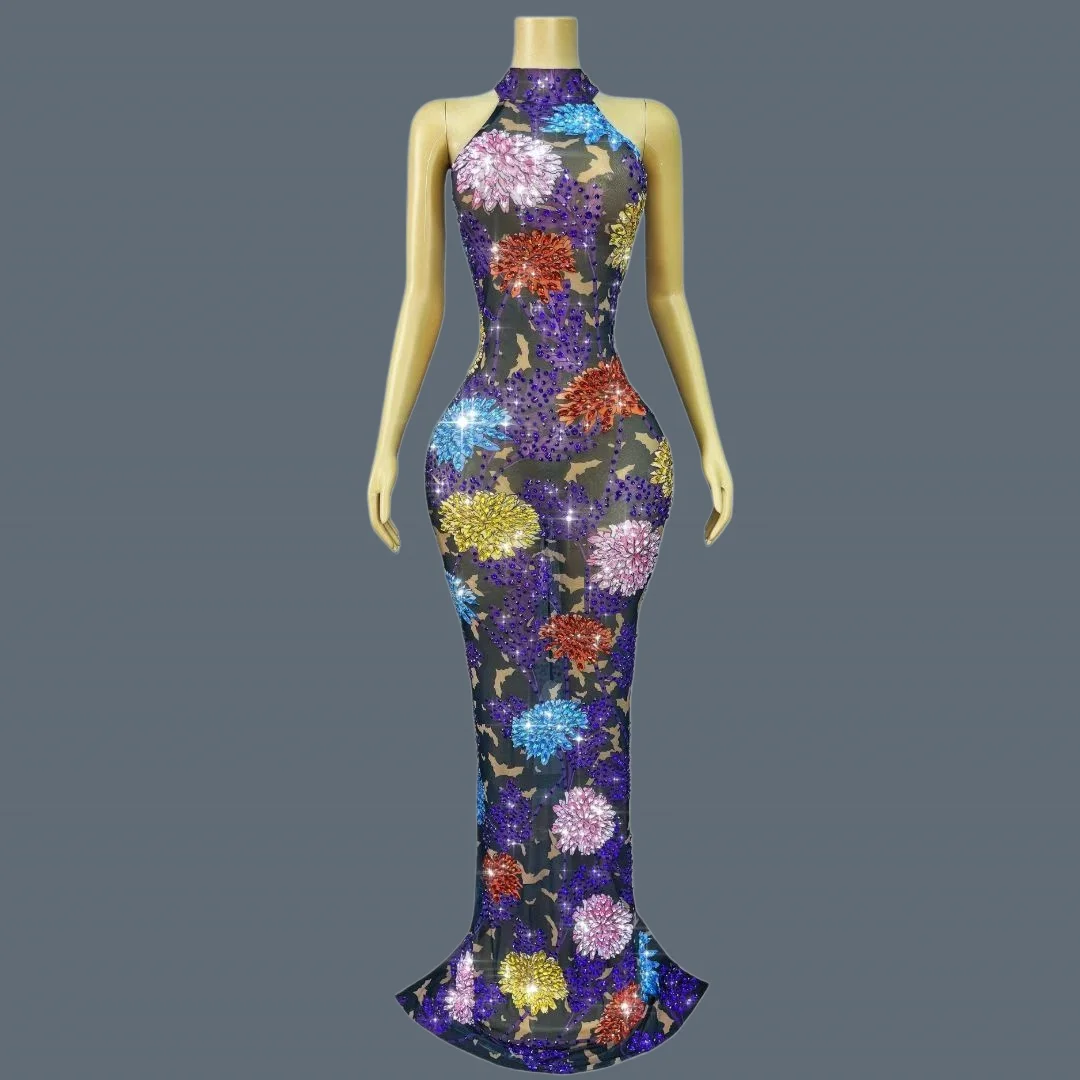 

Luxury Sparkly Flower Rhinestone Evening Dress Elegant Women Party See Through Mesh Gown Wedding Formal Sexy Long Dress Yuhuaduo