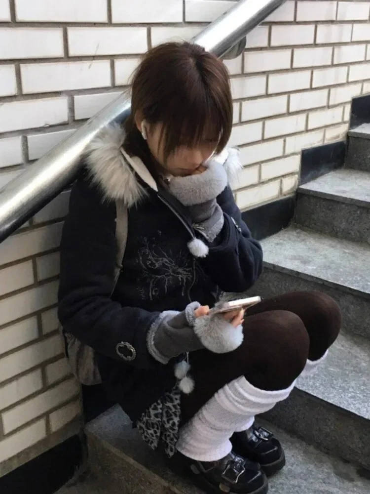 Y2kเสื้อกันหนาวขนสัตว์Patchwork Hoodiesผู้หญิงVINTAGEพิมพ์แจ็คเก็ตเกาหลีคู่ซิปHooded Coats Harajuku Grunge Streetwear