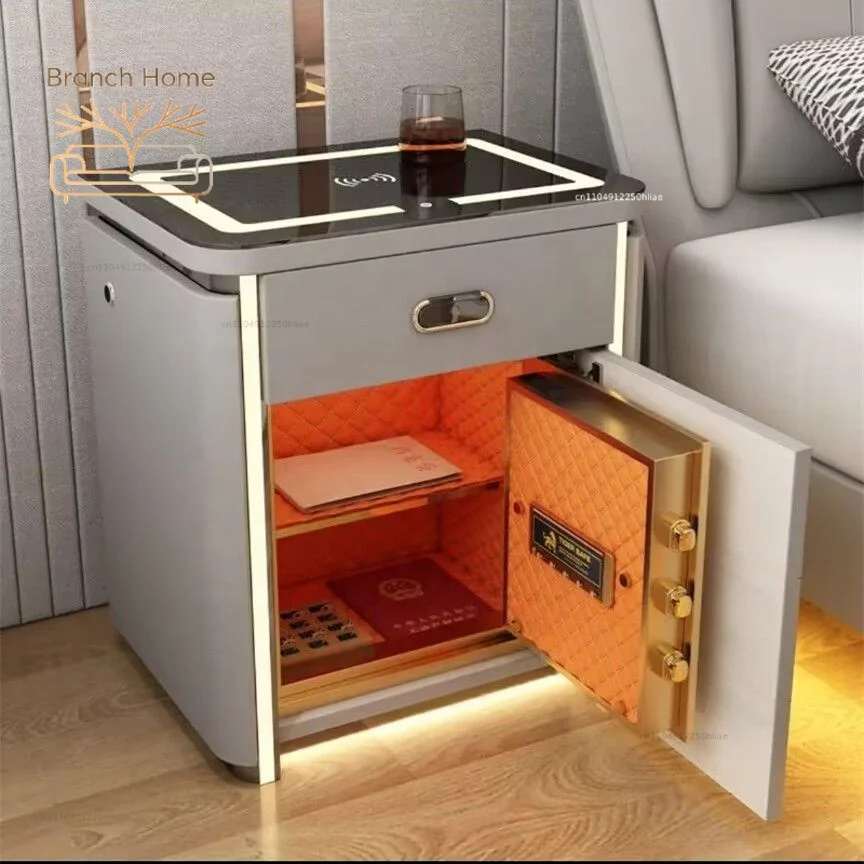 #Smart Nightstand With Glass Top Fingerprint Lock Wireless Charging LED Ambient Light 4 Drawer Storage forBedroom Home Furniture