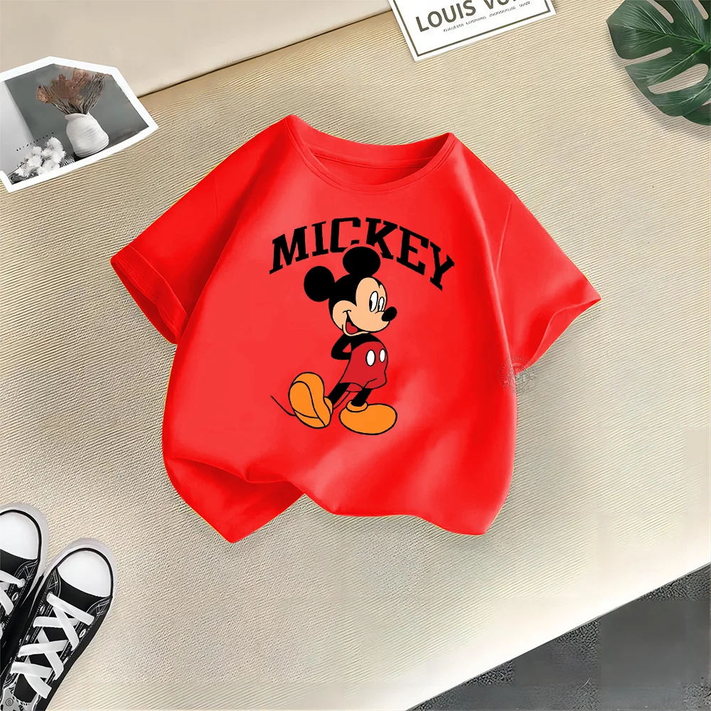 Disney Kids Clothing Summer 100% Cotton T-shirt Mickey Simple fashion printed crew neck T-shirt top Teen boys girls casual T-shi