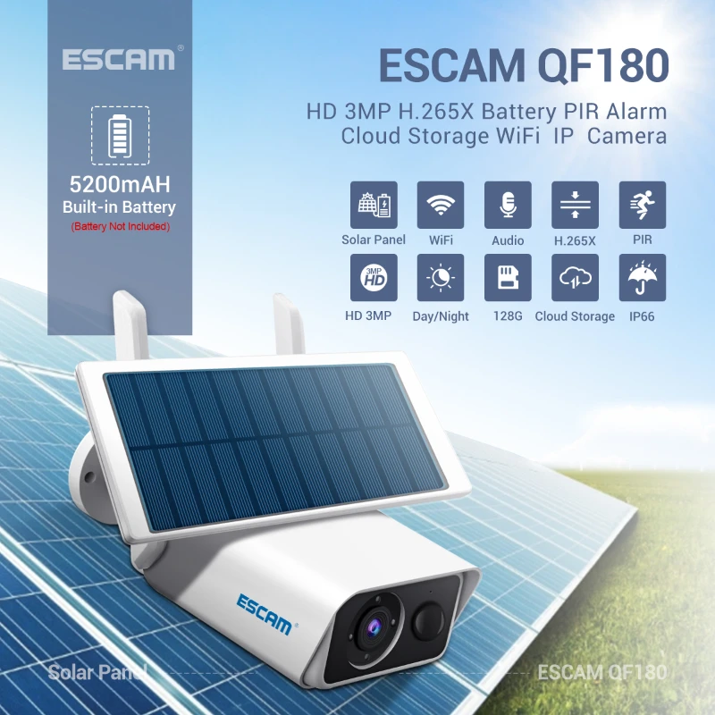 

ESCAM QF180 H.265 3MP wireless PIR Motion Detection night version Cloud Storage Twoway audio 128G Solar Battery Camera IP66