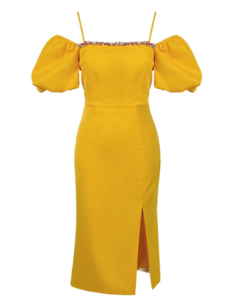 Sweet Elegant Evening Dress for Women Celebrity Satin Yellow Off Shoulder Slit Robe Female Party Night Out Vestidos Date Gown